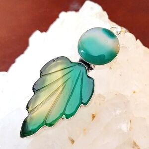 NWOT Botswana Green Agate Etched Leaf Pendant .925 Sterling Overlay